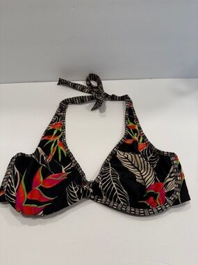 Athleta Hana Black Tropical Print Halter Bikini Top size 34D/DD